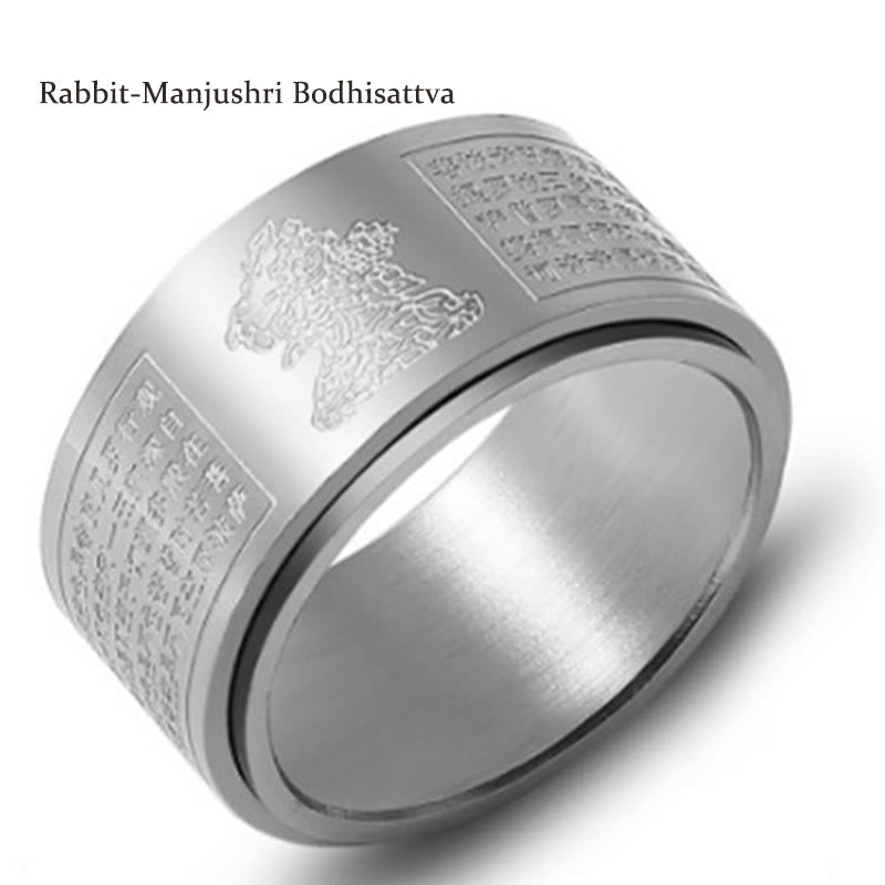 BWOOOH Chinese Zodiac Natal Buddha Heart Sutra Carved Titanium Steel Calm Rotatable Ring