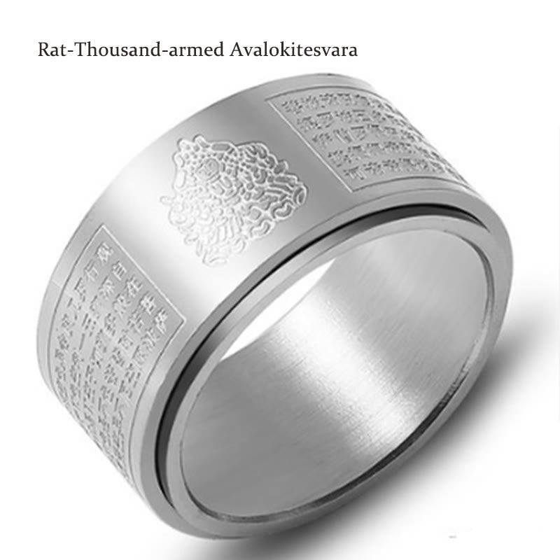 BWOOOH Chinese Zodiac Natal Buddha Heart Sutra Carved Titanium Steel Calm Rotatable Ring
