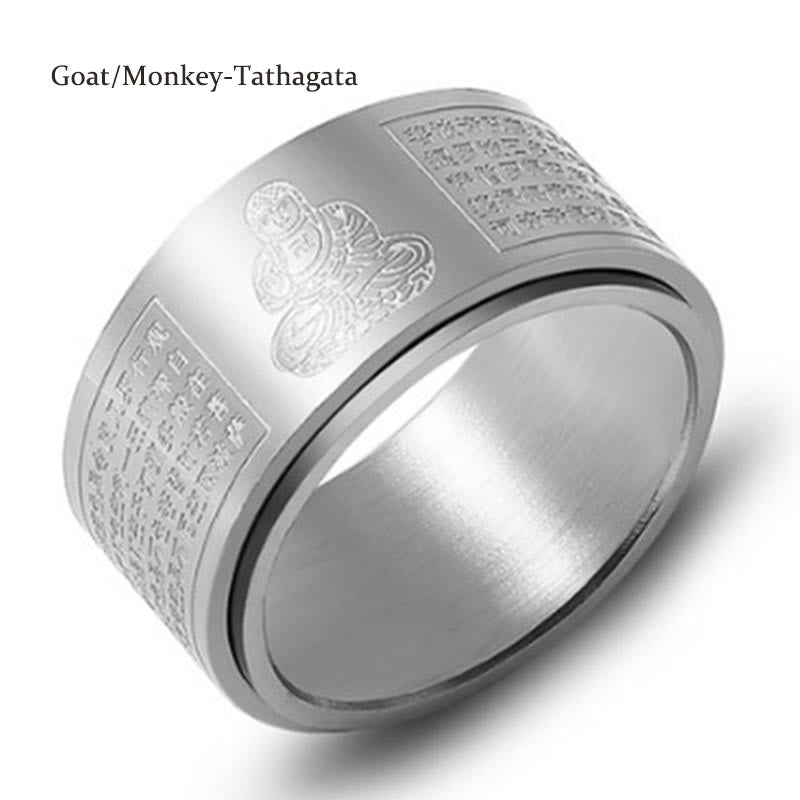 BWOOOH Chinese Zodiac Natal Buddha Heart Sutra Carved Titanium Steel Calm Rotatable Ring