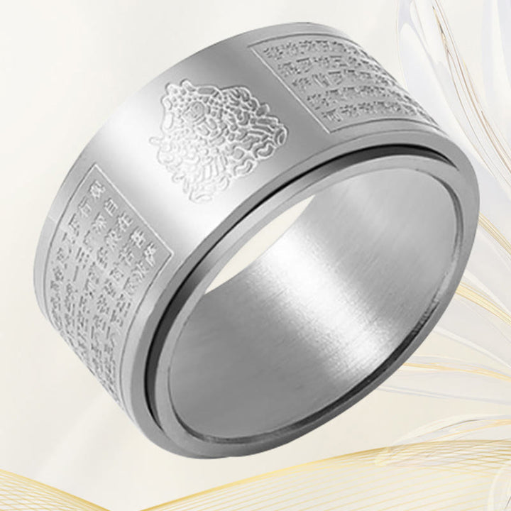 BWOOOH Chinese Zodiac Natal Buddha Heart Sutra Carved Titanium Steel Calm Rotatable Ring