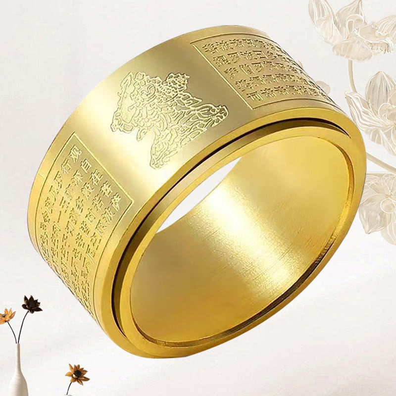 BWOOOH Chinese Zodiac Natal Buddha Heart Sutra Carved Titanium Steel Calm Rotatable Ring