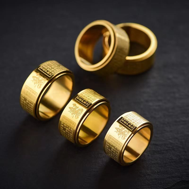 BWOOOH Chinese Zodiac Natal Buddha Heart Sutra Carved Titanium Steel Calm Rotatable Ring