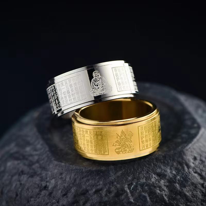 BWOOOH Chinese Zodiac Natal Buddha Heart Sutra Carved Titanium Steel Calm Rotatable Ring — natural stone Tibetan bracelet ...