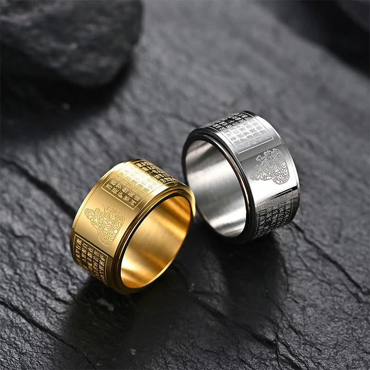BWOOOH Chinese Zodiac Natal Buddha Heart Sutra Carved Titanium Steel Calm Rotatable Ring