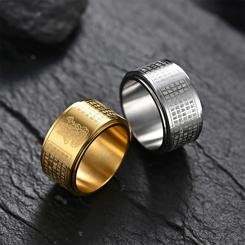 BWOOOH Chinese Zodiac Natal Buddha Heart Sutra Carved Titanium Steel Calm Rotatable Ring
