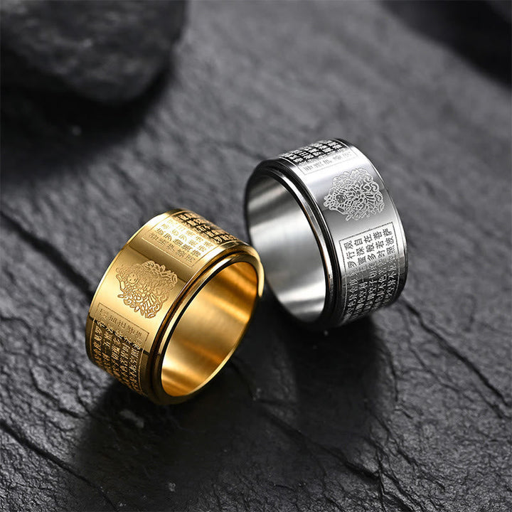 BWOOOH Chinese Zodiac Natal Buddha Heart Sutra Carved Titanium Steel Calm Rotatable Ring