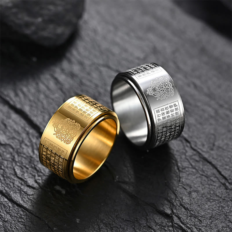 BWOOOH Chinese Zodiac Natal Buddha Heart Sutra Carved Titanium Steel Calm Rotatable Ring