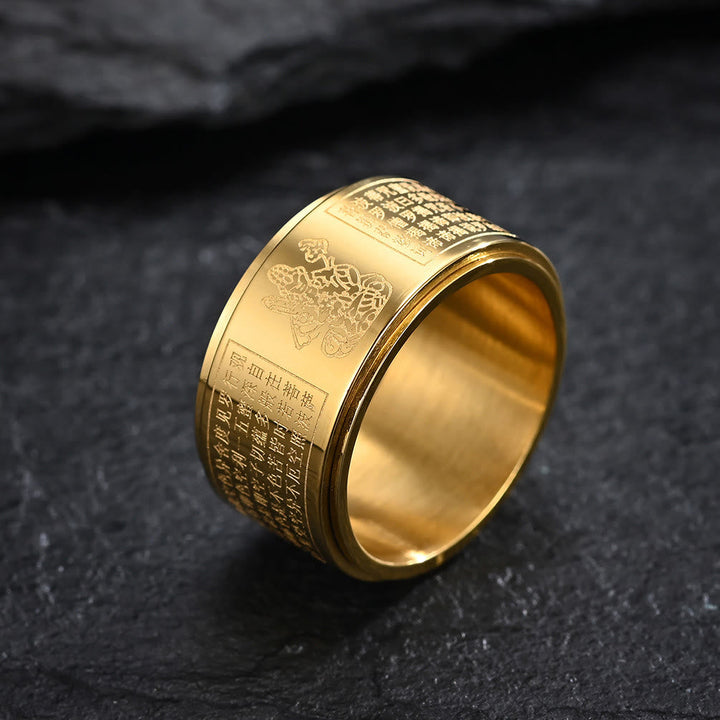BWOOOH Chinese Zodiac Natal Buddha Heart Sutra Carved Titanium Steel Calm Rotatable Ring