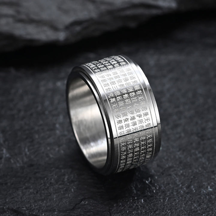BWOOOH Chinese Zodiac Natal Buddha Heart Sutra Carved Titanium Steel Calm Rotatable Ring