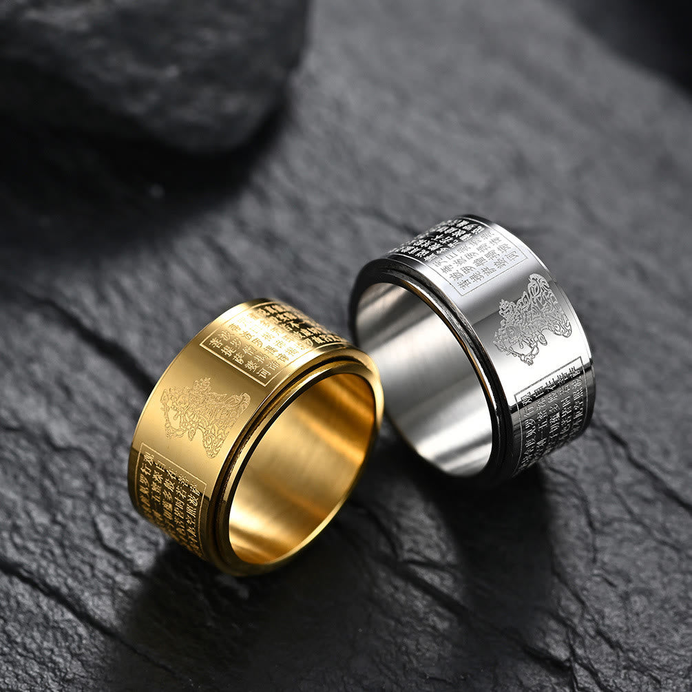 BWOOOH Chinese Zodiac Natal Buddha Heart Sutra Carved Titanium Steel Calm Rotatable Ring