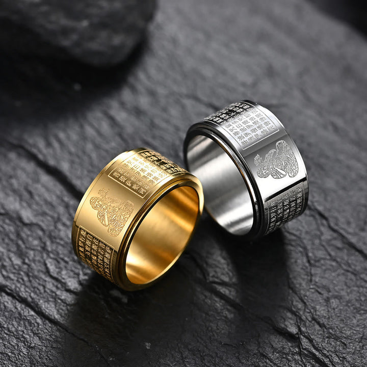 BWOOOH Chinese Zodiac Natal Buddha Heart Sutra Carved Titanium Steel Calm Rotatable Ring