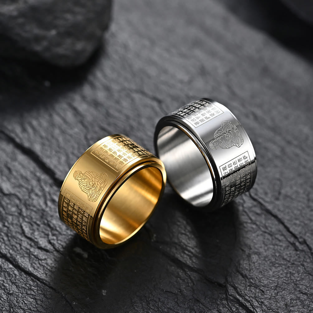 BWOOOH Chinese Zodiac Natal Buddha Heart Sutra Carved Titanium Steel Calm Rotatable Ring
