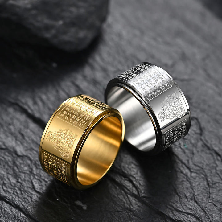 BWOOOH Chinese Zodiac Natal Buddha Heart Sutra Carved Titanium Steel Calm Rotatable Ring