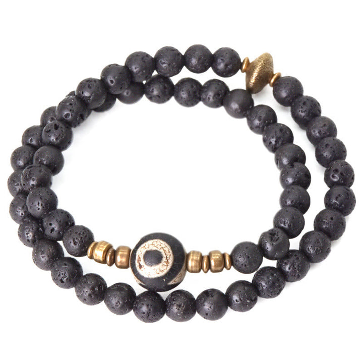 BWOOOH Vintage Lava Rock Three-eyed Dzi Bead Copper Brass Beads Double Wrap Healing Bracelet
