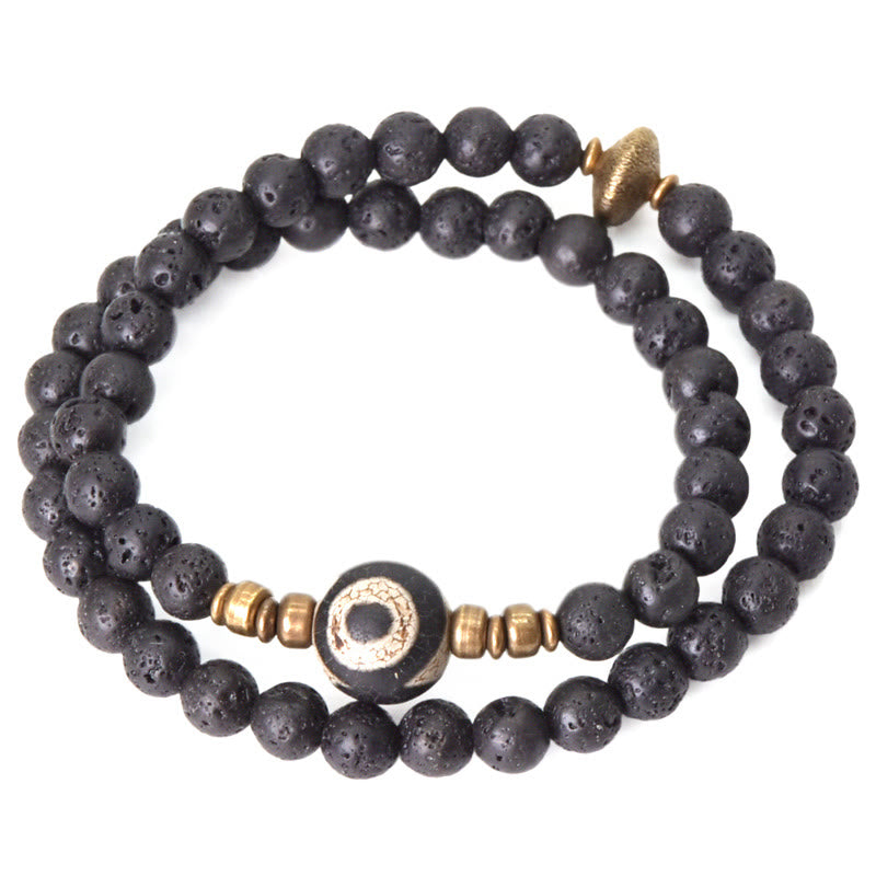 BWOOOH Vintage Lava Rock Three-eyed Dzi Bead Copper Brass Beads Double Wrap Healing Bracelet
