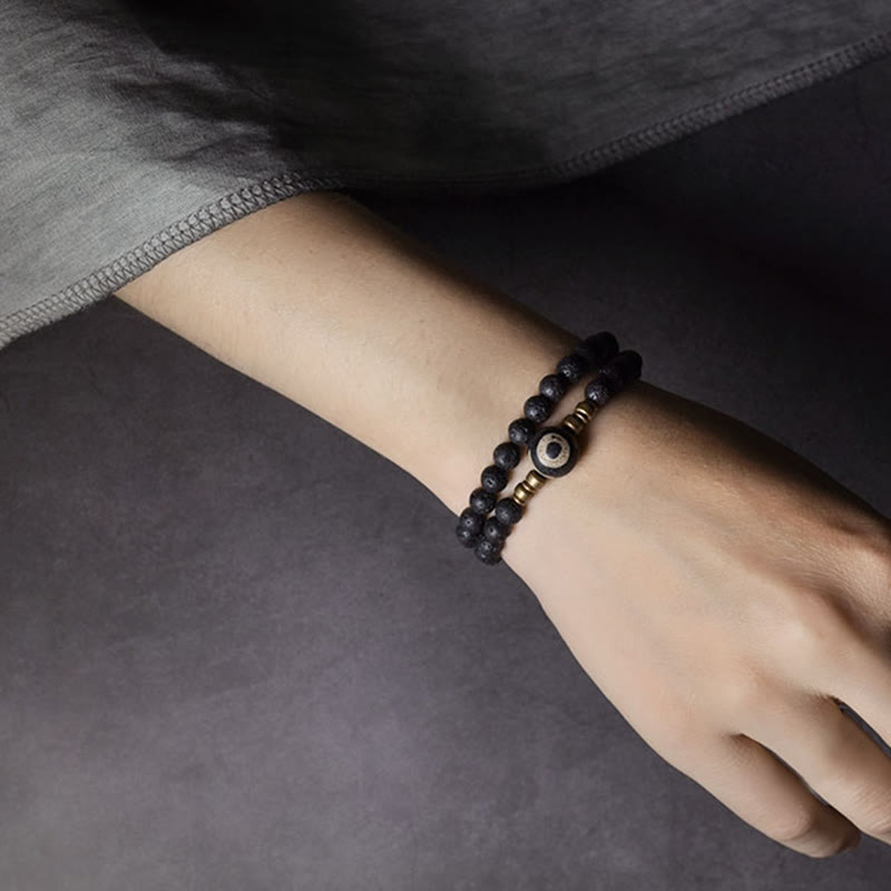 BWOOOH Vintage Lava Rock Three-eyed Dzi Bead Copper Brass Beads Double Wrap Healing Bracelet