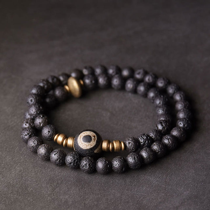 BWOOOH Vintage Lava Rock Three-eyed Dzi Bead Copper Brass Beads Double Wrap Healing Bracelet