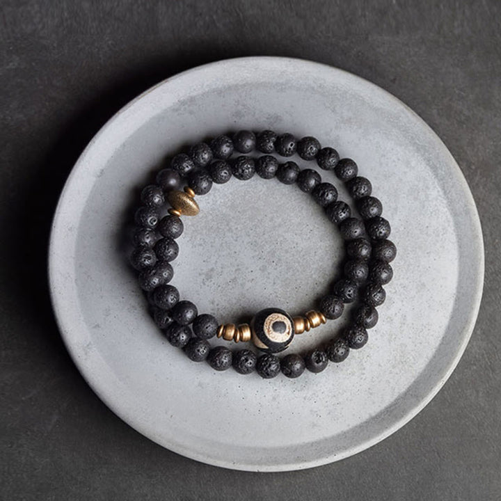 BWOOOH Vintage Lava Rock Three-eyed Dzi Bead Copper Brass Beads Double Wrap Healing Bracelet
