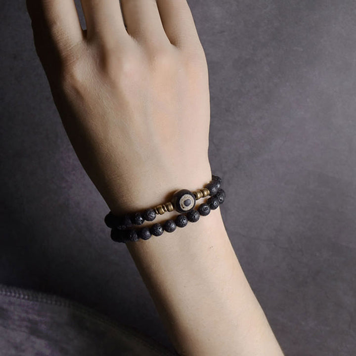 BWOOOH Vintage Lava Rock Three-eyed Dzi Bead Copper Brass Beads Double Wrap Healing Bracelet