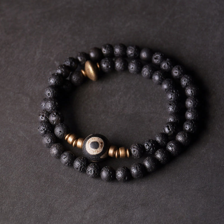 BWOOOH Vintage Lava Rock Three-eyed Dzi Bead Copper Brass Beads Double Wrap Healing Bracelet