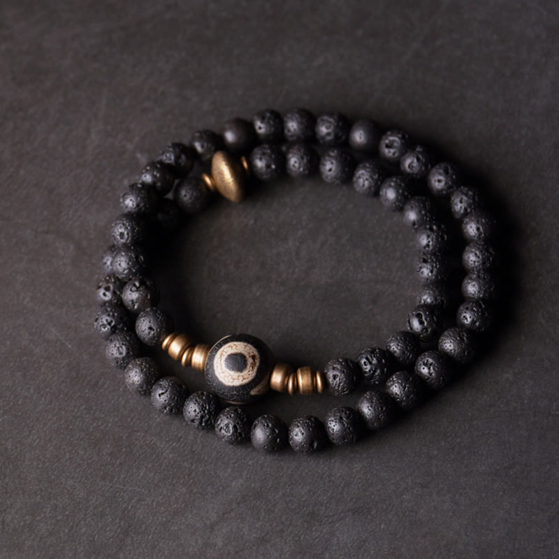 BWOOOH Vintage Lava Rock Three-eyed Dzi Bead Copper Brass Beads Double Wrap Healing Bracelet