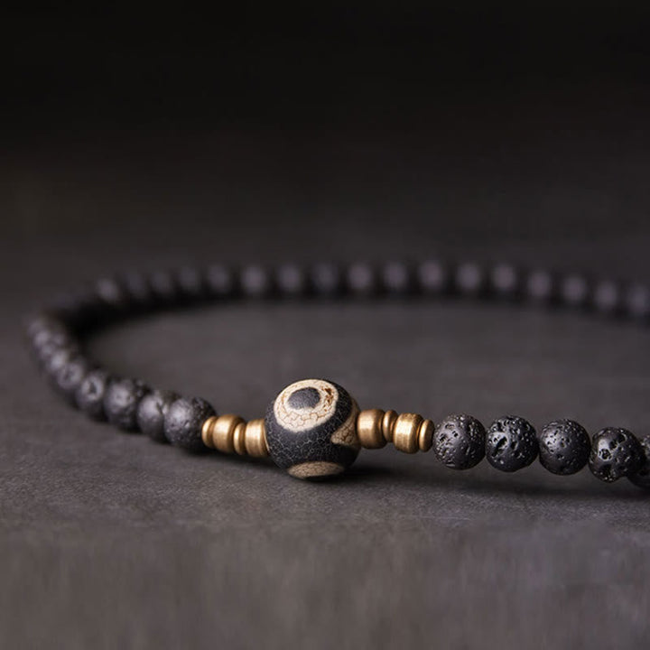 BWOOOH Vintage Lava Rock Three-eyed Dzi Bead Copper Brass Beads Double Wrap Healing Bracelet