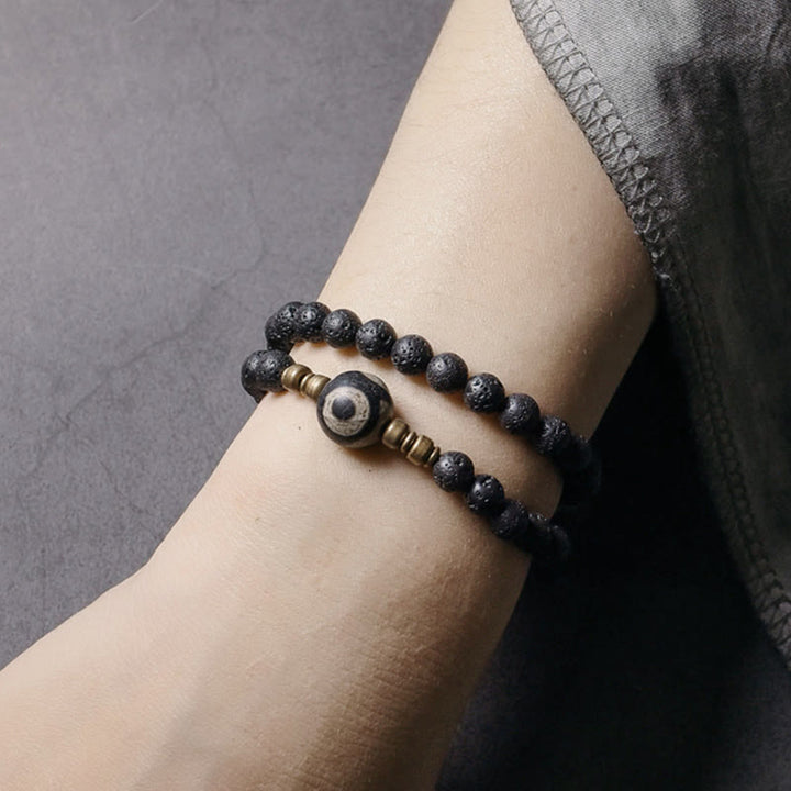 BWOOOH Vintage Lava Rock Three-eyed Dzi Bead Copper Brass Beads Double Wrap Healing Bracelet