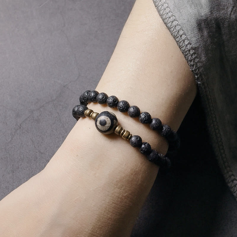 BWOOOH Vintage Lava Rock Three-eyed Dzi Bead Copper Brass Beads Double Wrap Healing Bracelet