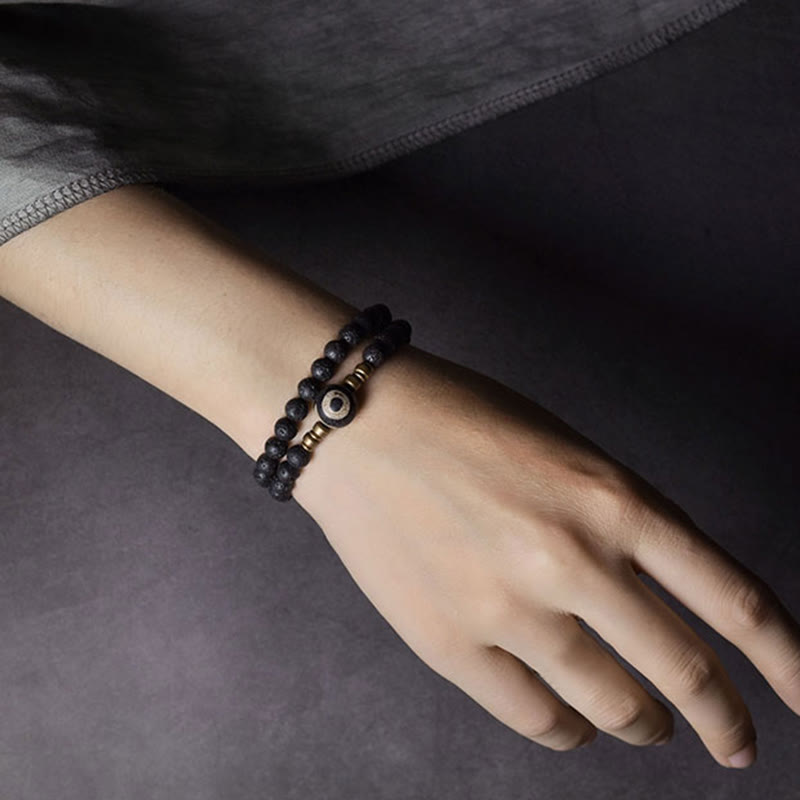 BWOOOH Vintage Lava Rock Three-eyed Dzi Bead Copper Brass Beads Double Wrap Healing Bracelet
