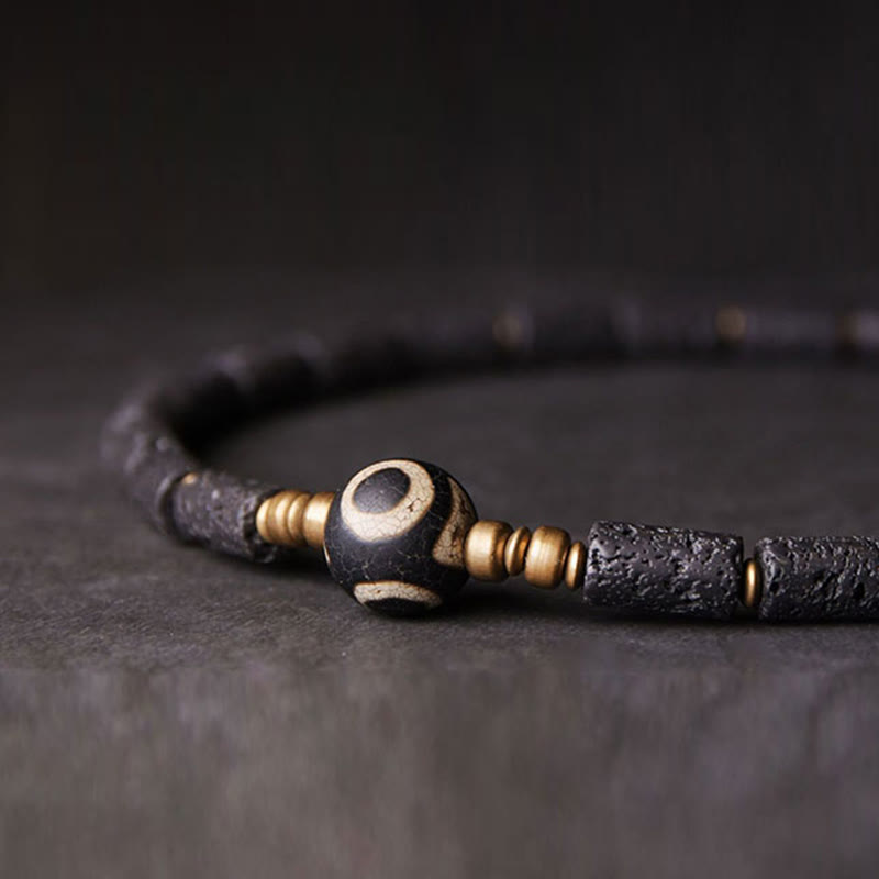 BWOOOH Vintage Lava Rock Three-eyed Dzi Bead Copper Brass Multi-turn Wrap Calm Bracelet
