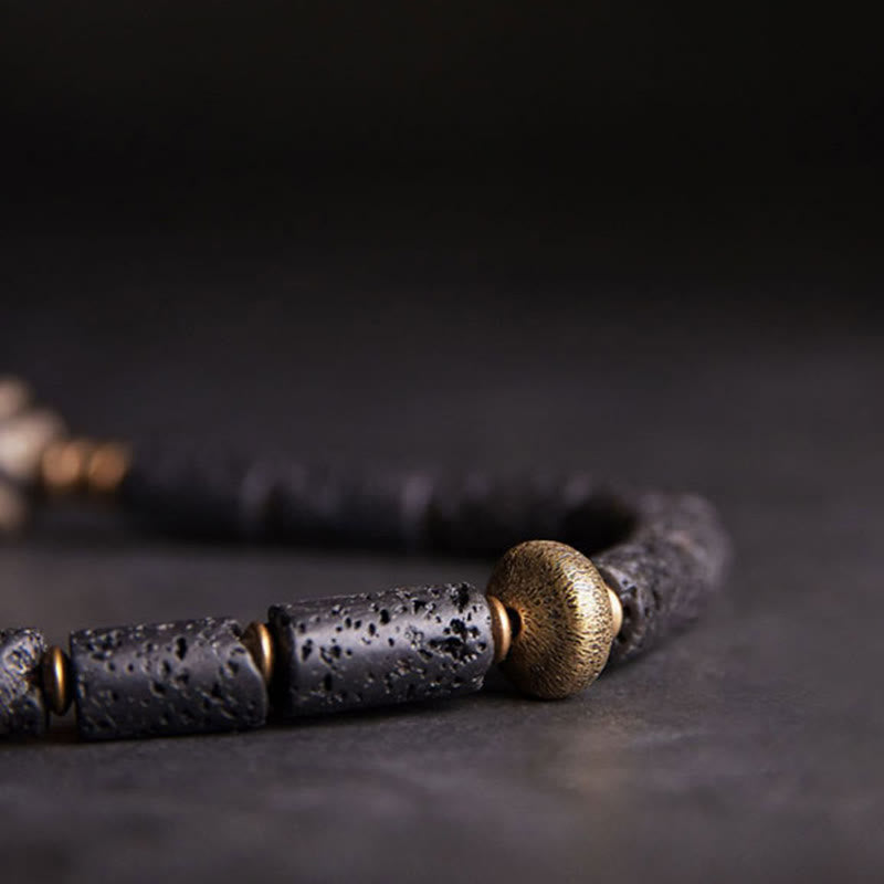BWOOOH Vintage Lava Rock Three-eyed Dzi Bead Copper Brass Multi-turn Wrap Calm Bracelet