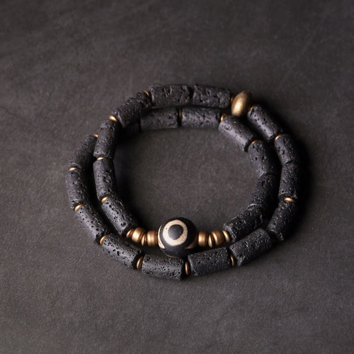 BWOOOH Vintage Lava Rock Three-eyed Dzi Bead Copper Brass Multi-turn Wrap Calm Bracelet