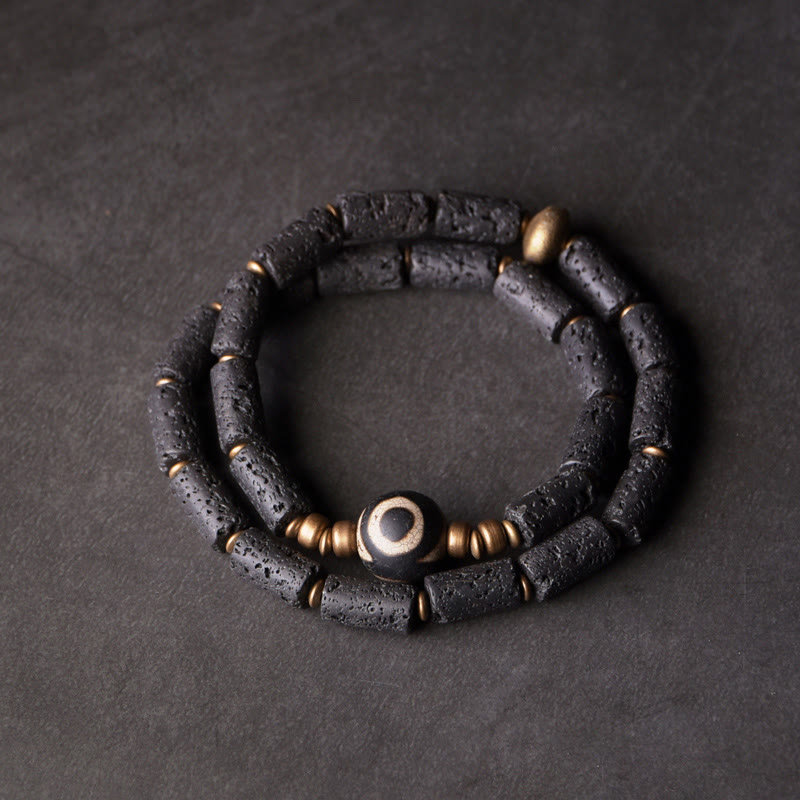 BWOOOH Vintage Lava Rock Three-eyed Dzi Bead Copper Brass Multi-turn Wrap Calm Bracelet