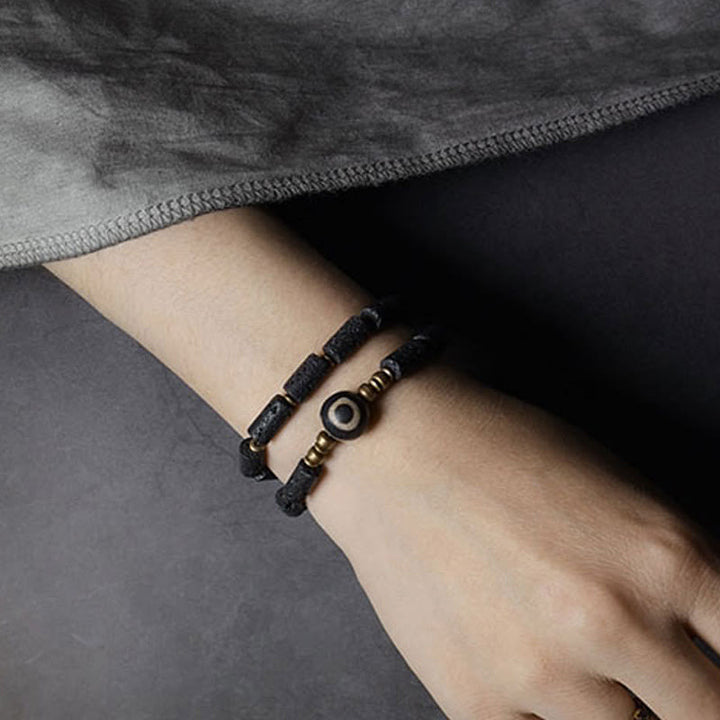 BWOOOH Vintage Lava Rock Three-eyed Dzi Bead Copper Brass Multi-turn Wrap Calm Bracelet