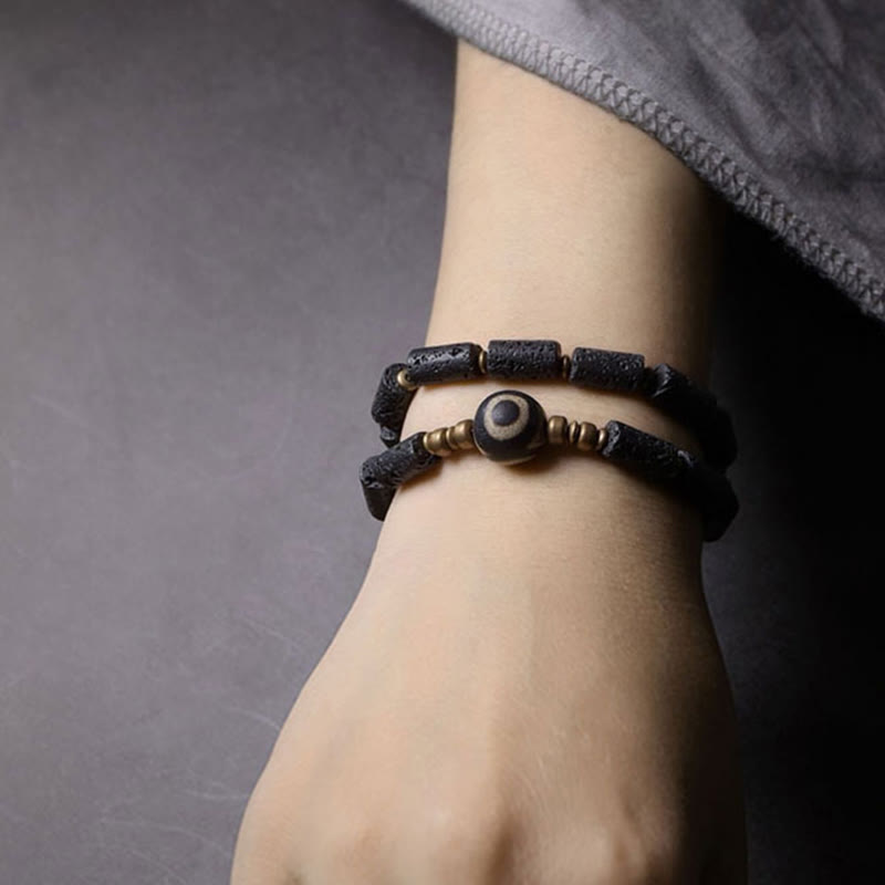 BWOOOH Vintage Lava Rock Three-eyed Dzi Bead Copper Brass Multi-turn Wrap Calm Bracelet