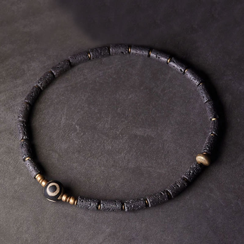 BWOOOH Vintage Lava Rock Three-eyed Dzi Bead Copper Brass Multi-turn Wrap Calm Bracelet