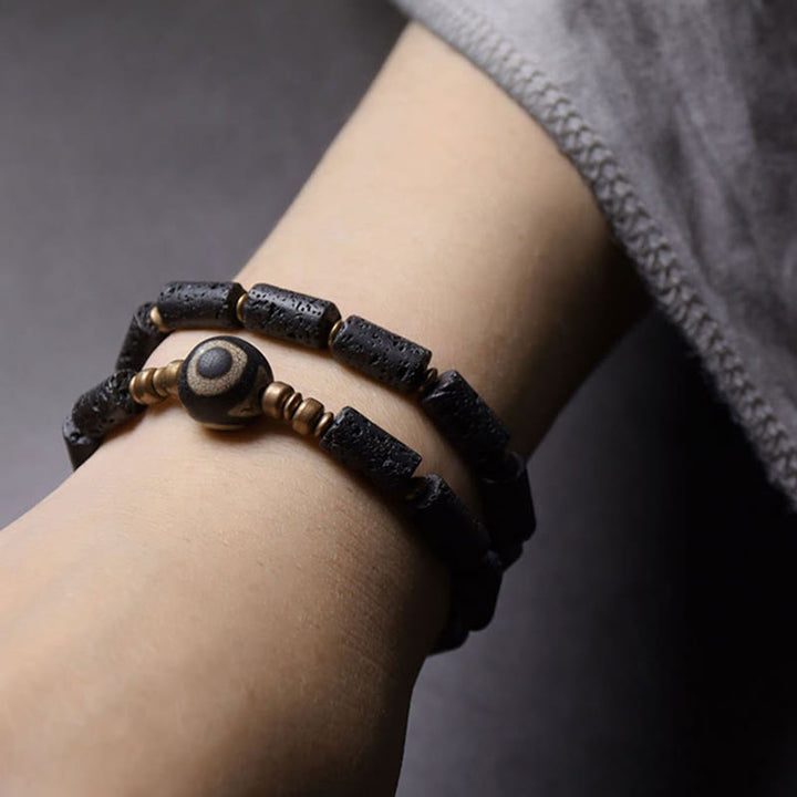 BWOOOH Vintage Lava Rock Three-eyed Dzi Bead Copper Brass Multi-turn Wrap Calm Bracelet