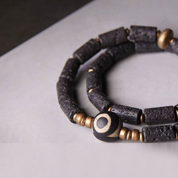 BWOOOH Vintage Lava Rock Three-eyed Dzi Bead Copper Brass Multi-turn Wrap Calm Bracelet