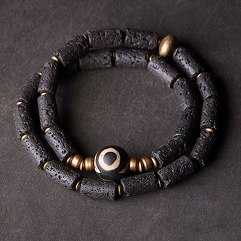 BWOOOH Vintage Lava Rock Three-eyed Dzi Bead Copper Brass Multi-turn Wrap Calm Bracelet