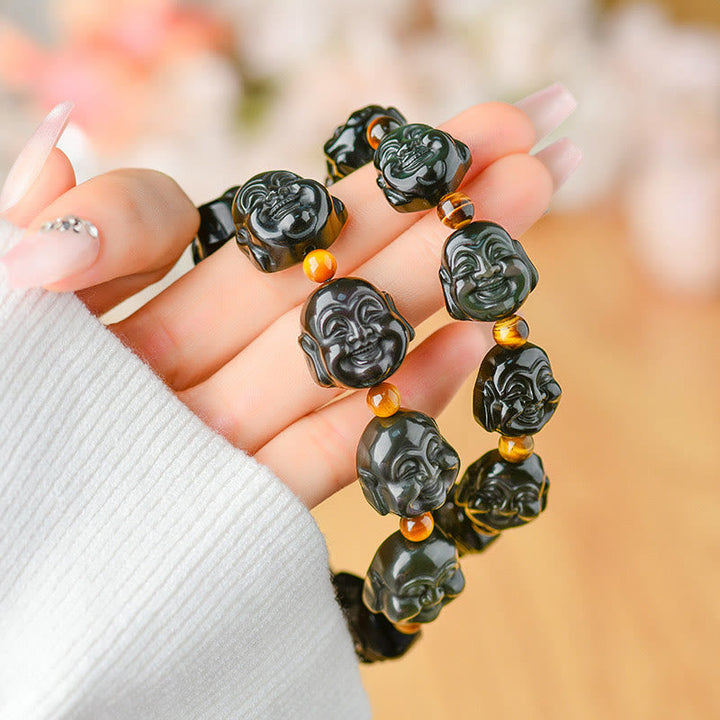 BWOOOH Rainbow Obsidian Laughing Buddha Positive Transformation Bracelet