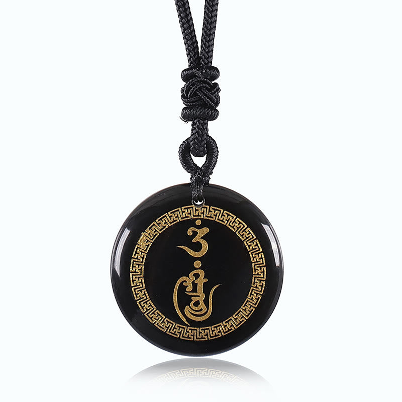 BWOOOH Swastika Pattern Vajra Protection Mantra Natural Various Crystal Black Obsidian Purification Necklace Pendant