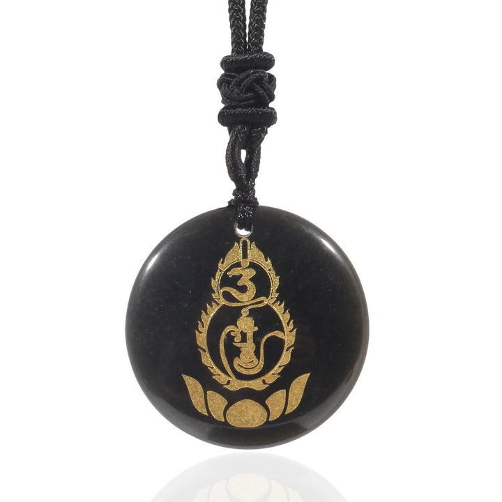 BWOOOH Gourd Lotus Pedestal Pattern Vajra Protection Mantra Natural Various Crystal Black Obsidian Fulfilment Necklace Pendant