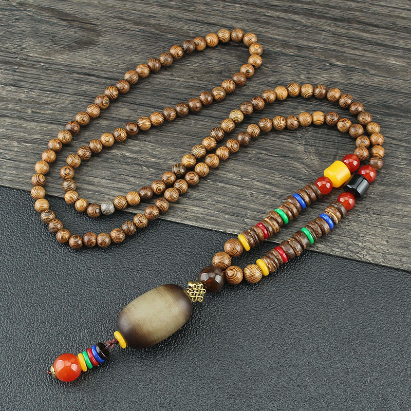 BWOOOH Tibetan Wenge Wood Bodhi Seed Agate Balance Peace Necklace Pendant