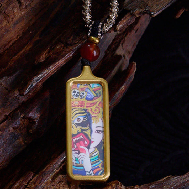 BWOOOH Tibet Zakiram Yellow God of Wealth Nine Tailed Fox Hand-Painted Thangka Calm Necklace Pendant