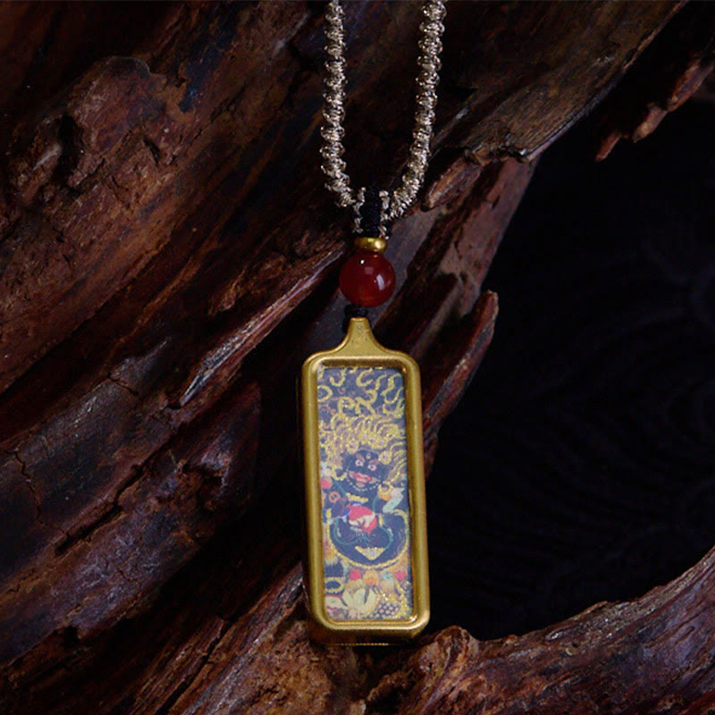 BWOOOH Tibet Zakiram Yellow God of Wealth Nine Tailed Fox Hand-Painted Thangka Calm Necklace Pendant
