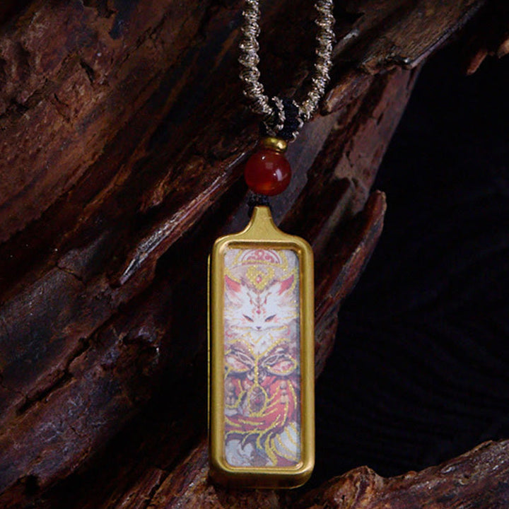 BWOOOH Tibet Zakiram Yellow God of Wealth Nine Tailed Fox Hand-Painted Thangka Calm Necklace Pendant