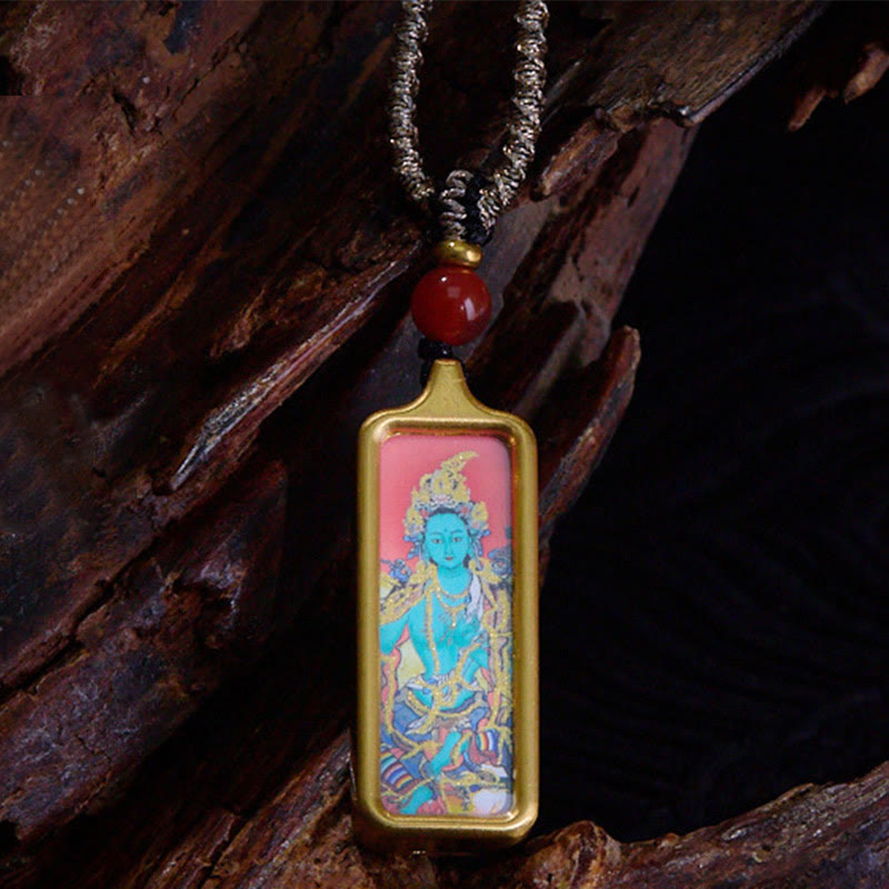 BWOOOH Tibet Zakiram Yellow God of Wealth Nine Tailed Fox Hand-Painted Thangka Calm Necklace Pendant