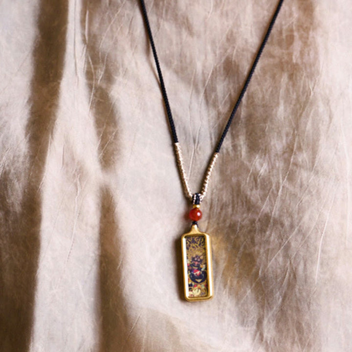 BWOOOH Tibet Zakiram Yellow God of Wealth Nine Tailed Fox Hand-Painted Thangka Calm Necklace Pendant