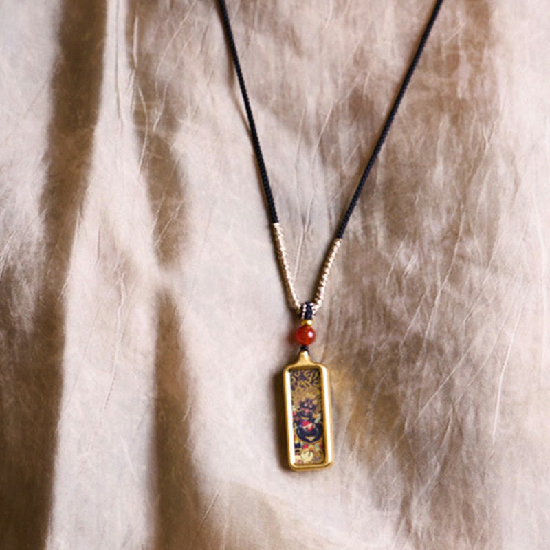 BWOOOH Tibet Zakiram Yellow God of Wealth Nine Tailed Fox Hand-Painted Thangka Calm Necklace Pendant