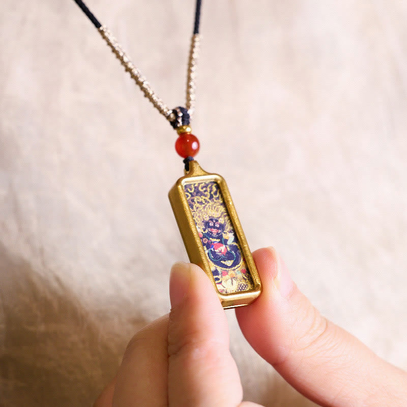 BWOOOH Tibet Zakiram Yellow God of Wealth Nine Tailed Fox Hand-Painted Thangka Calm Necklace Pendant